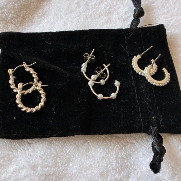 Silver Plated 3-Pairs Hoop Pearl Earrings - Picture 1 of 7